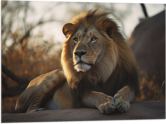 Vlag - Liggende Tevreden Leeuw met Prachtige Manen - 80x60 cm Foto op Polyester Vlag