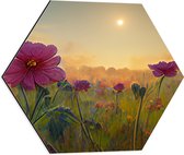 Dibond Hexagon - Roze Bloemen in het Veld bij Wazige Zon - 50x43.5 cm Foto op Hexagon (Met Ophangsysteem)