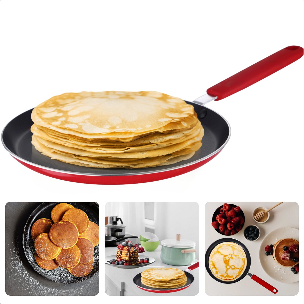 Cheqo Pannenkoekenpan voor Inductie ø24cm Koekenpan Alle Warmtebronnen Geperst Aluminium Anti-Aanbaklaag Softtouch Handgreep Ophangoog Rood