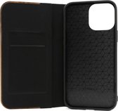 Houten design flip case, iPhone 13 pro max– Noten met zwart leer