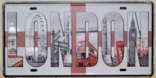 Londen License plate wandbord van metaal METALEN-WANDBORD - MUURPLAAT - VINTAGE - RETRO - HORECA- BORD-WANDDECORATIE -TEKSTBORD - DECORATIEBORD - RECLAMEPLAAT - WANDPLAAT - NOSTALGIE -CAFE- BAR -MANCAVE- KROEG- MAN CAVE