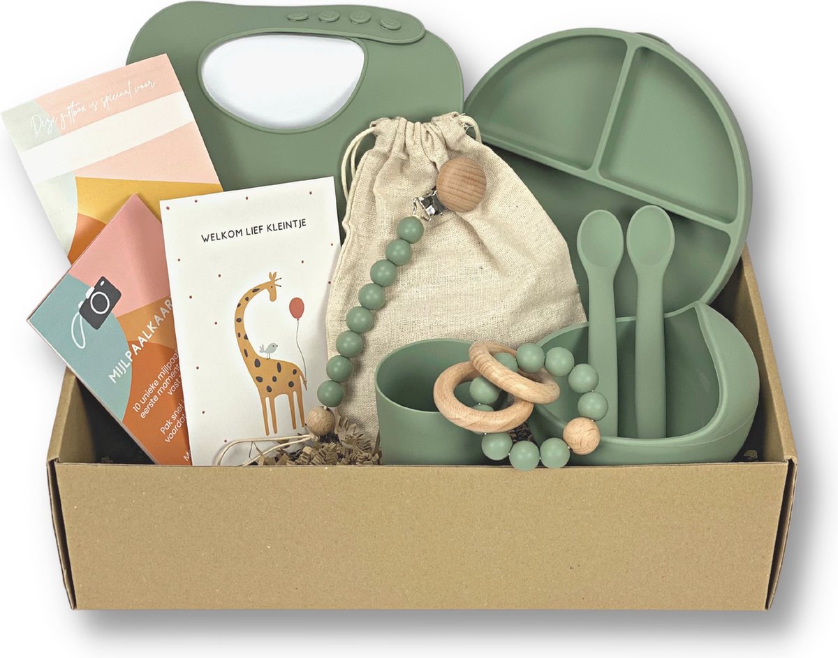 Goedkoopste Kids Cultures - Giftbox L - Baby Geschenkset, Kraampakket, Babyshower, Kraammand - Kraamcadeau Jongen & Meisje - Siliconen Kinderservies, Slab, Bijtring en Wenskaarten - Groen