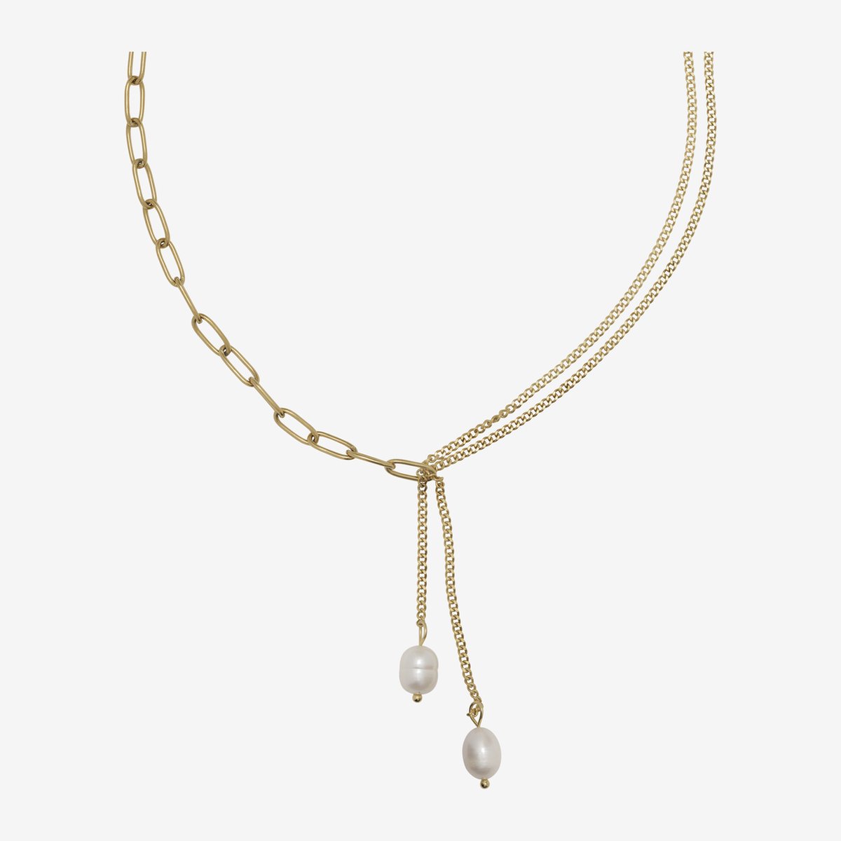 Essenza Mixed Chain Two Pearls Charm Necklace Gold