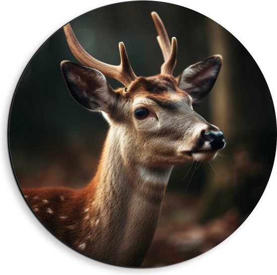 Gros plan d'un cerf avec des bois, pelage brun avec des taches blanches, dans un environnement forestier.
