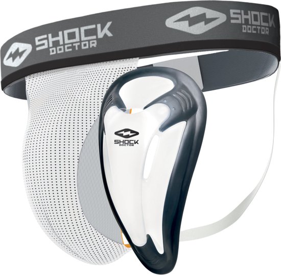 Witte jockstrap met grijs SHOCK DOCTOR-elastiek en een wit/grijs/zwarte cup met logo.