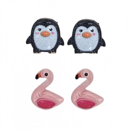 2 paar -Allergievrije -oorbellen -pinguïn en flamingo- kunststof- Charme Bijoux