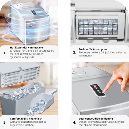 tectake® Professionele IJsblokjesmachine - IJsblokjesmaker voor Heldere IJsblokjes - 13 kg per 24 Uur - 2,2 Liter Watertank - 24 IJsblokjes per Cyclus - Inclusief Ijsschep - Zilver — afbeelding 5