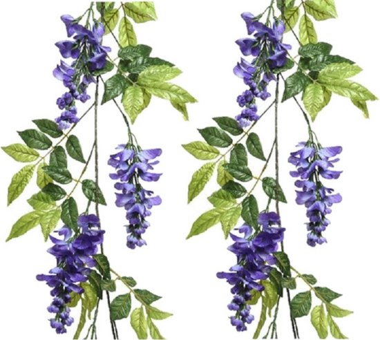 Decoris regen/wisteria kunsttak - blauw - kunstplanten slinger 150 cm - 2x - Kunstplanten/kunsttakken