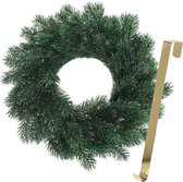 Kerstkrans 35 cm - blauwgroen - met gouden hanger/ophanghaak - kerstversiering