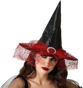 Halloween heksenhoed - met sluier - one size - zwart/rood - meisjes/dames - verkleed hoeden