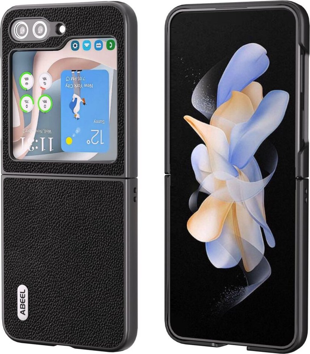 ABEEL Hoesje Geschikt voor Samsung Galaxy Z Flip 5 - Back Cover met Leren Textuur - Echt Leer Case - Zwart