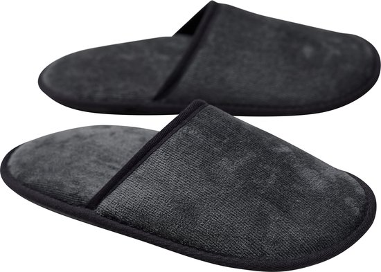 Velour Badstof slippers zonder siliconen noppen, 100% biologisch katoen, hotelslippers, pantoffels, dames en heren, één maat, gesloten, antraciet zwart