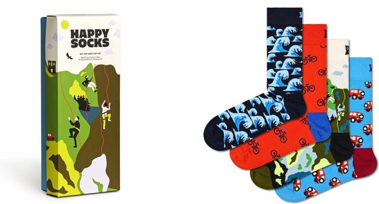 Koker met 4 paar Happy Socks: golven, fietsen, berglandschap en auto's. Losse sokken met deze prints.
