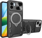 Hoesje met Camera Slider Geschikt voor de Xiaomi Redmi A1 / A2 - Back Cover met Standaard - Beschermhoes TPU - Uitklapbare Kickstand Ring - Magneet voor Auto Houder Zwart