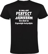 Ik ben niet perfect maar ik ben een Janssen en dat is eigenlijk hetzelfde Heren T-shirt - feest - familie - achternaam - relatie - verjaardag - jarig - trots - gezin - zoon - vader - papa - broer - cadeau - humor - grappig
