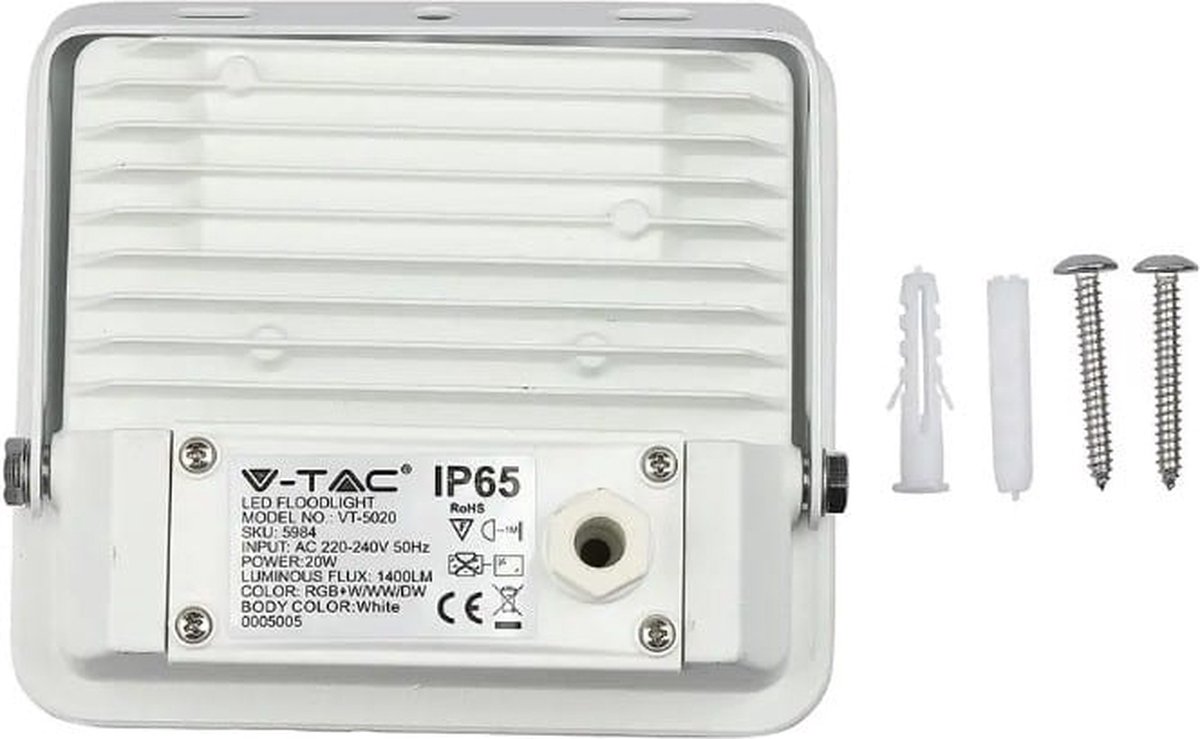 PROJECTEUR LED extérieur 20W IP65 RGB-W avec contrôle bluetooth Blanc V-TAC  VT-5020