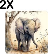 BWK Stevige Placemat - Getekende Schattige Baby Olifant naast een Boom - Set van 2 Placemats - 40x40 cm - 1 mm dik Polystyreen - Afneembaar