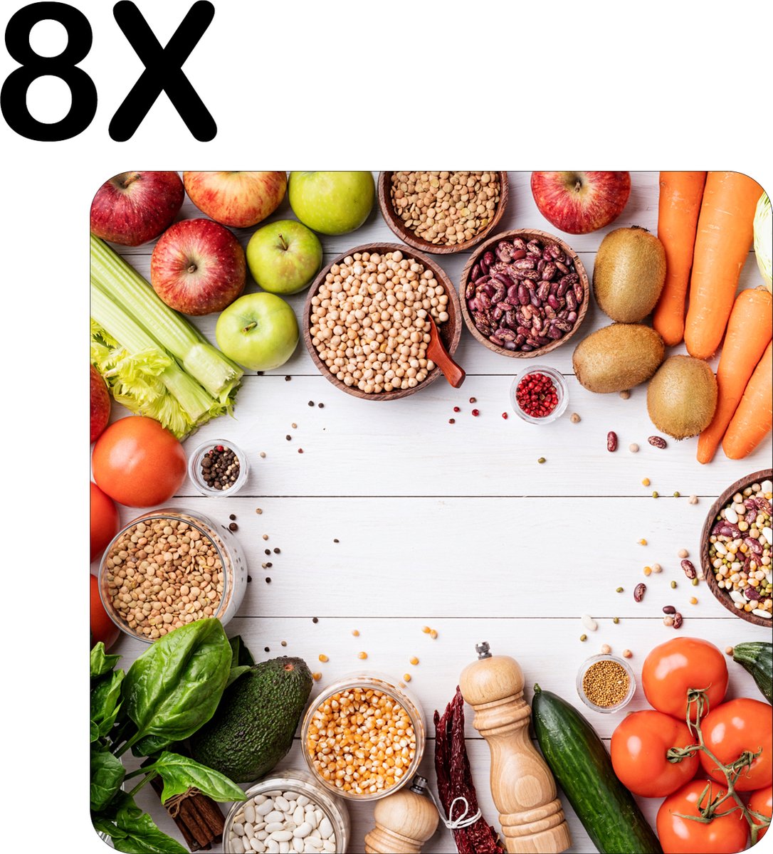 BWK Luxe Placemat - Compositie van Groente en Fruit - Set van 8 Placemats - 50x50 cm - 2 mm dik Vinyl - Anti Slip - Afneembaar