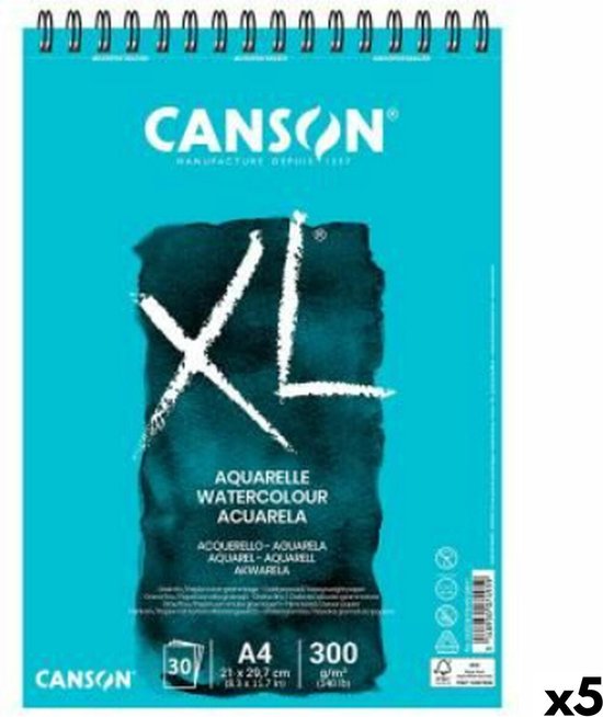 Canson XL Aquarel schetsblok, A4, 30 vellen 300 g/m², spiraalbinding, blauwe kaft, 5 stuks.