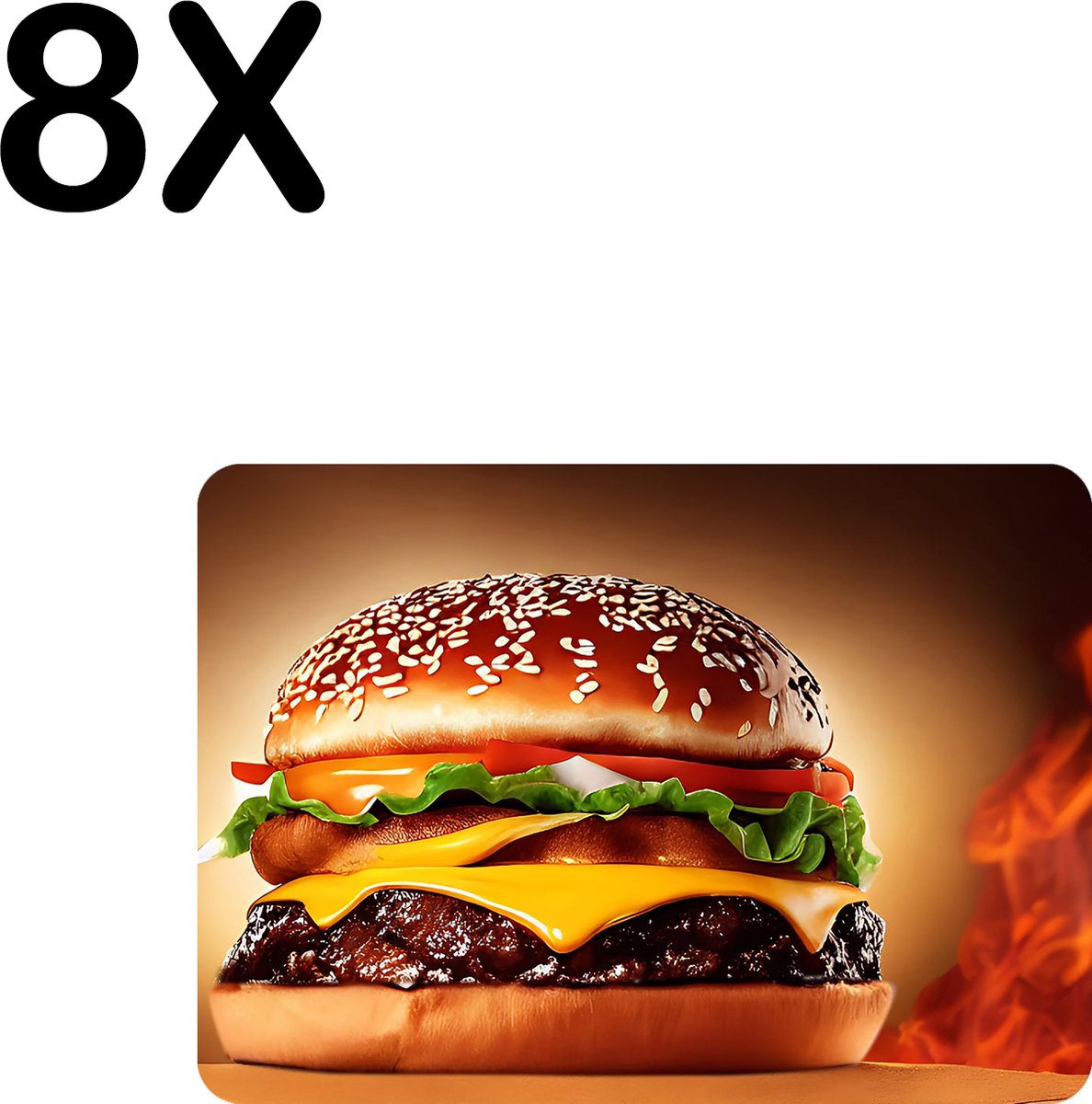 BWK Flexibele Placemat - Hamburger met Vuur op de Achtergrond - Set van 8 Placemats - 35x25 cm - PVC Doek - Afneembaar