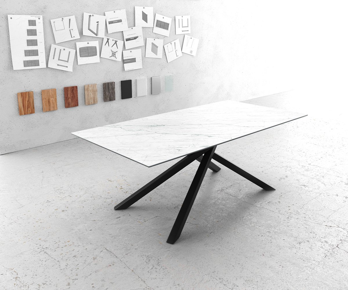 DELIFE Eettafel Edge Laminam® keramiek wit 200x100cm middenvoet kruis zwart