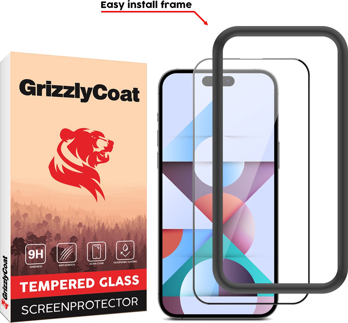 GrizzlyCoat - Screenprotector geschikt voor Apple iPhone 15 Pro Glazen | GrizzlyCoat Easy Fit Screenprotector - Case Friendly + Installatie Frame - Zwart