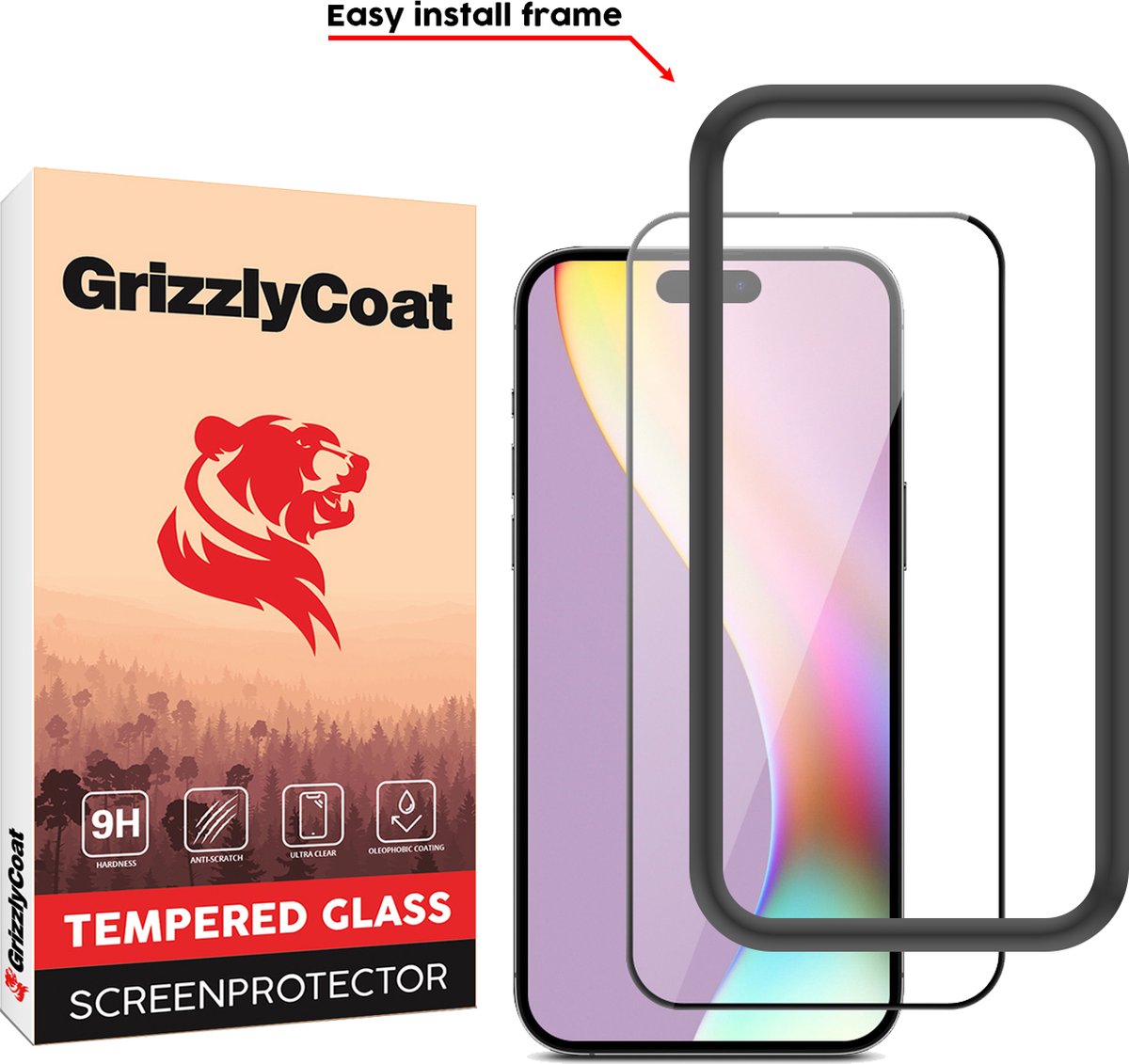 GrizzlyCoat - Screenprotector geschikt voor Apple iPhone 15 Plus Glazen | GrizzlyCoat Easy Fit Screenprotector - Case Friendly + Installatie Frame - Zwart