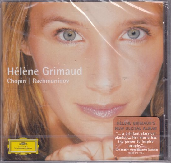 Hélène Grimaud Chopin Rachmaninov albumhoes met close-up gezicht en oranje sticker met recensie.