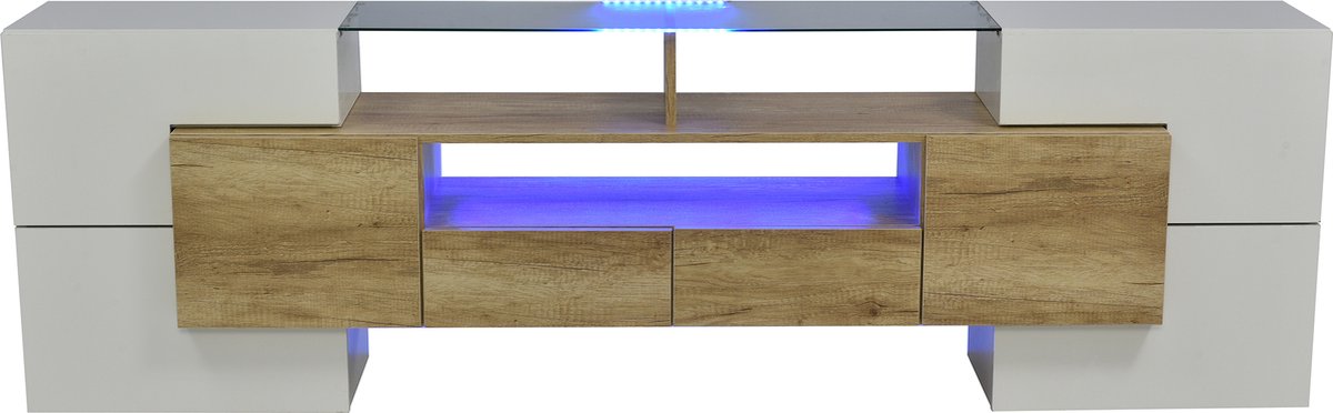 Merax TV-Meubel 200 cm met Glas - Hangend TV Kast met LED Verlichting - Wit met Bruin