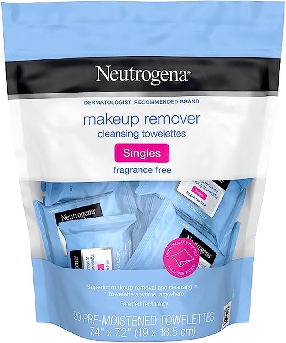Neutrogena Geurvrije Make-up Remover Cleansing Towelette Singles, Individueel Verpakte Dagelijkse Gezichtsdoekjes 20 Stuks