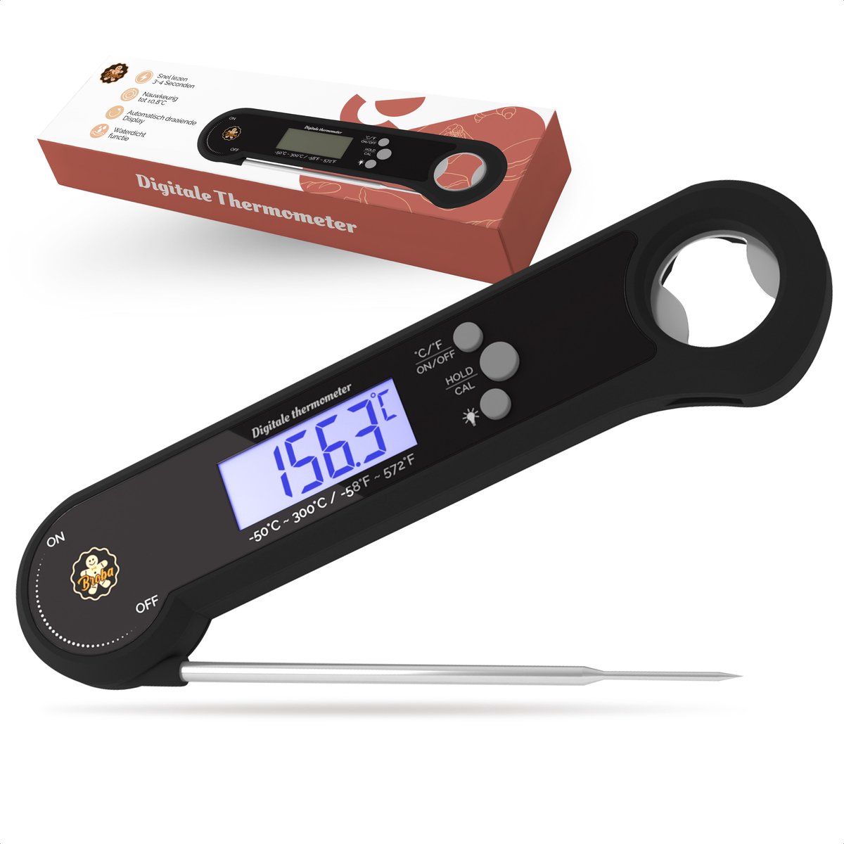 Broba - Digitale Thermometer Keuken – Keukenthermometer met Magneet – Kookthermometer Waterdicht – Voedselthermometer – Kernthermometer – Suikerthermometer – Vleesthermometer - Broba