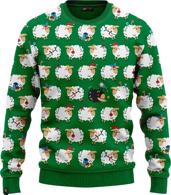 JAP Christmas Kersttrui voor kinderen (maat 134/140) - 100% Gerecycled - Kriebelt niet - Kerstcadeau - Foute Kersttrui jongens en meisjes (9/10 jaar) - 't Zwarte schaap (Princes Diana) - Groen