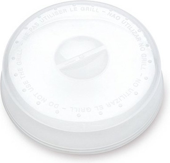 Transparant, rond magnetron deksel met tekst 'DO NOT USE THE GRILL'.