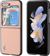 ABEEL Hoesje Geschikt voor Samsung Galaxy Z Flip 5 - Back Cover met Litchi Textuur - Echt Leer Case - Roze