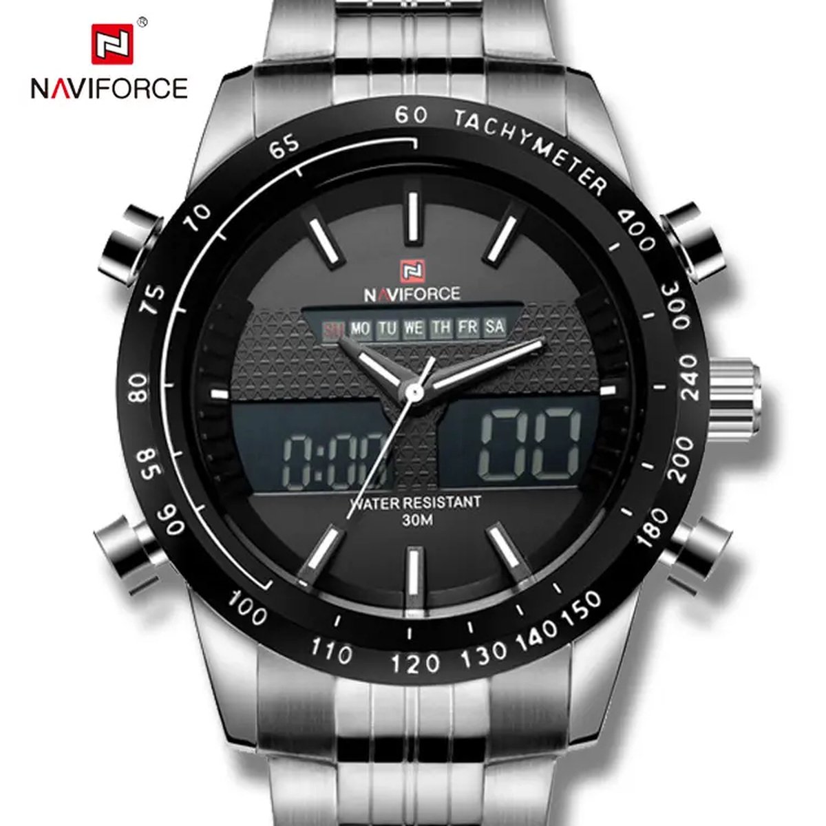 NAVIFORCE horloge voor mannen, met zilveren metalen polsband, zwarte uurwerkkast en zwarte wijzerplaat met witte wijzers ( model 9024 SBW ), verpakt in mooie geschenkdoos