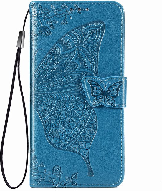 Étui de téléphone bleu avec un design de portefeuille fermé, présentant un papillon en relief.