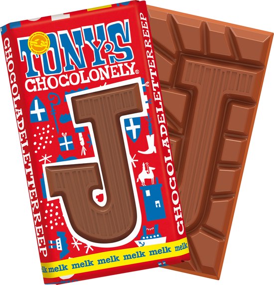 Foto: Tony s chocolonely chocolade letter j melkchocolade reep schoencadeautje sint fairtrade belgische chocolade 180 gram