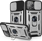 Hoesje geschikt voor iPhone 15 - Backcover - Rugged Armor - Camerabescherming - Extra valbescherming - TPU - Zilver