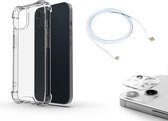 OneOne Camera lens protector, hoesje en oplaadkabel. 1 m USB C naar Lightning kabel wit, Shock Corner Case en camera protector van glas zijn volledig transparant. Geschikt voor iPhone 13 Mini.
