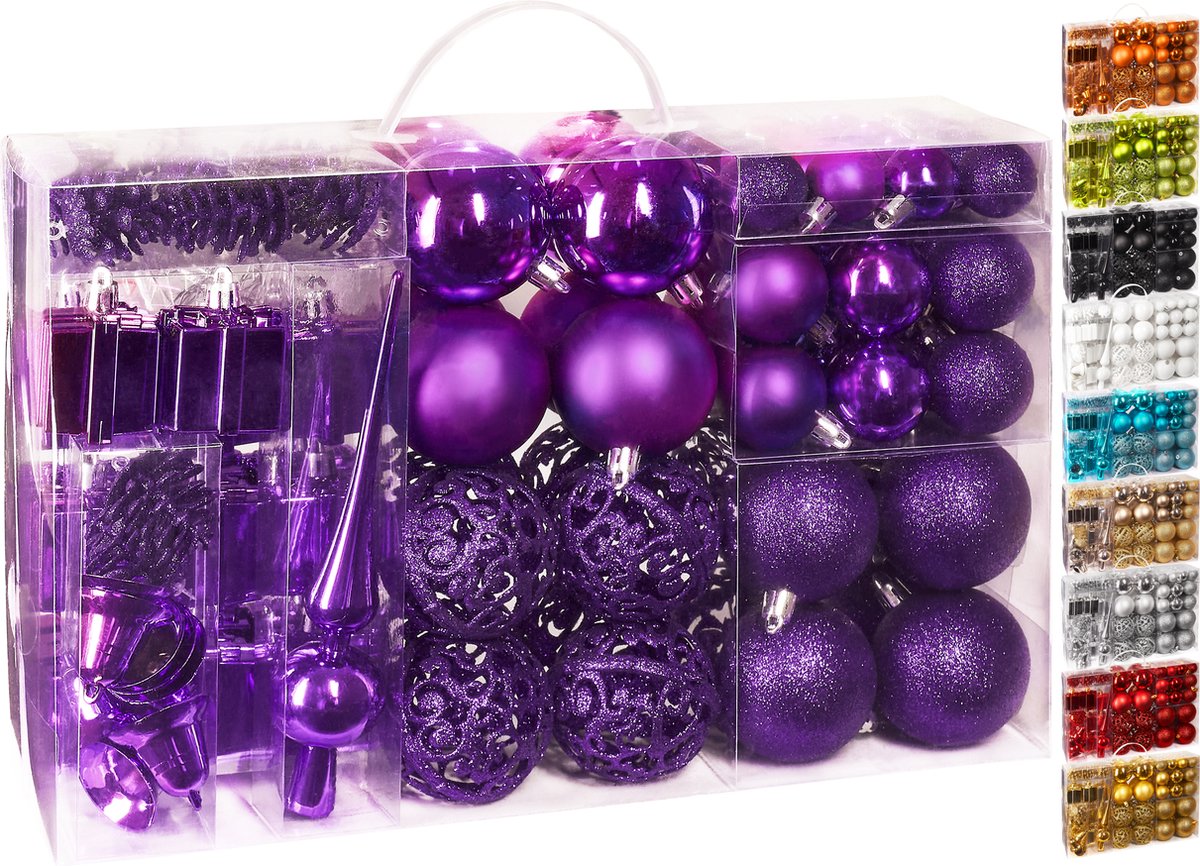 BRUBAKER Kerstballen - Set met Dennenappels, Kerstklokken, Geschenken, Kerstboompiek - Kerstboomversiering - 101 delen - Paars
