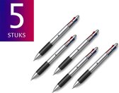 Pack 5x Vierkleuren Balpen - Zilver / Zwart - Vier Kleuren Pen- Inkt Rood Blauw Groen Zwart