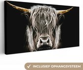 Canvas Schilderij Schotse hooglander - Goud - Hoorns - Zwart wit - Koe - Dieren - 40x20 cm - Wanddecoratie