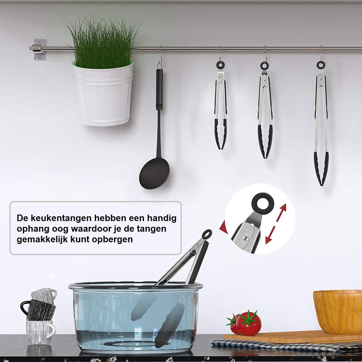 Keukentang RVS 3 Delige Set - Serveertang - BBQ Tang - Barbecue Tang - Vleestang - Vis tang - Grilltang - Saladetang - Keukentangen - BBQ Accessoires - Zwart - Met ophangoog - Keukengerei - Keukengadget - Vaatwasser bestendig - 3 Handige maten — afbeelding 4