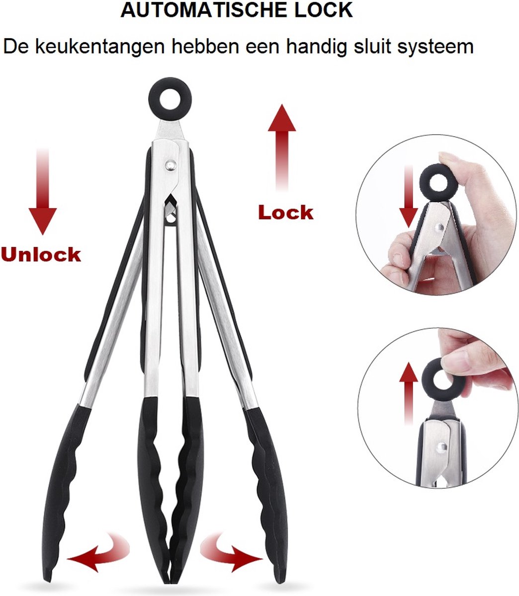 Keukentang RVS 3 Delige Set - Serveertang - BBQ Tang - Barbecue Tang - Vleestang - Vis tang - Grilltang - Saladetang - Keukentangen - BBQ Accessoires - Zwart - Met ophangoog - Keukengerei - Keukengadget - Vaatwasser bestendig - 3 Handige maten — afbeelding 6