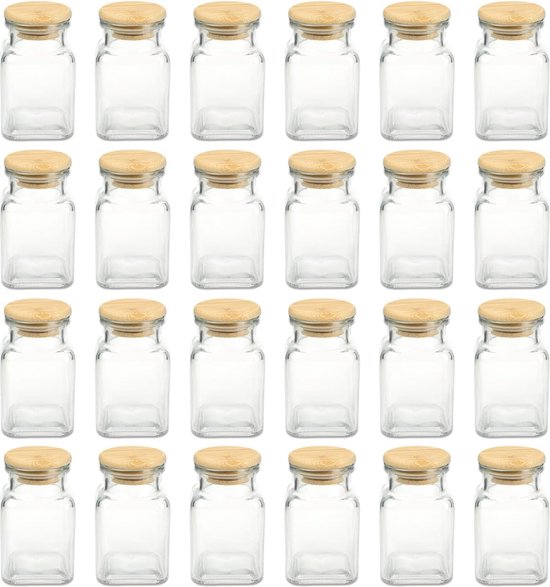 Kruidenpotjes 150 Ml Vierkant 5,5 X 5,5 X 10 Cm Met Bamboe Sluiting Incl Etiketten Selecteerbaar 6 12 Of 24 Stuks Opbergpotten Grootte 24 Stuks