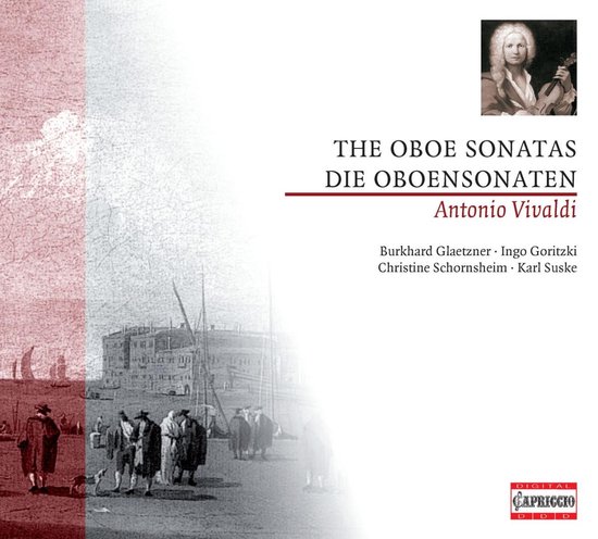 Albumhoes met tekst 'THE OBOE SONATAS DIE OBOENSONATEN Antonio Vivaldi' en een gravure van een Venetiaanse haven.