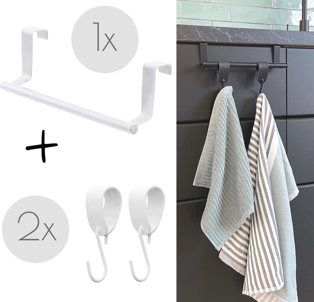Witte keuken handdoekstang VALI 23cm + 2x Witte leren S-haak hangers - Voor 2 handdoekjes
