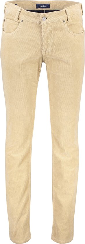 Vooraanzicht van een beige corduroy broek voor heren met Gardeur logo.