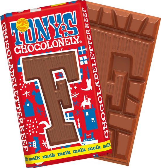 Foto: Tony s chocolonely chocolade letter f melkchocolade reep sinterklaas cadeau schoencadeautje sint fairtrade belgische chocolade 180 gram