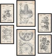Set van 6 posters met machinepatenten. Posters met retro patent illustraties. Interieur in vintage stijl. Formaat A4 en A3. Zonder lijst.
